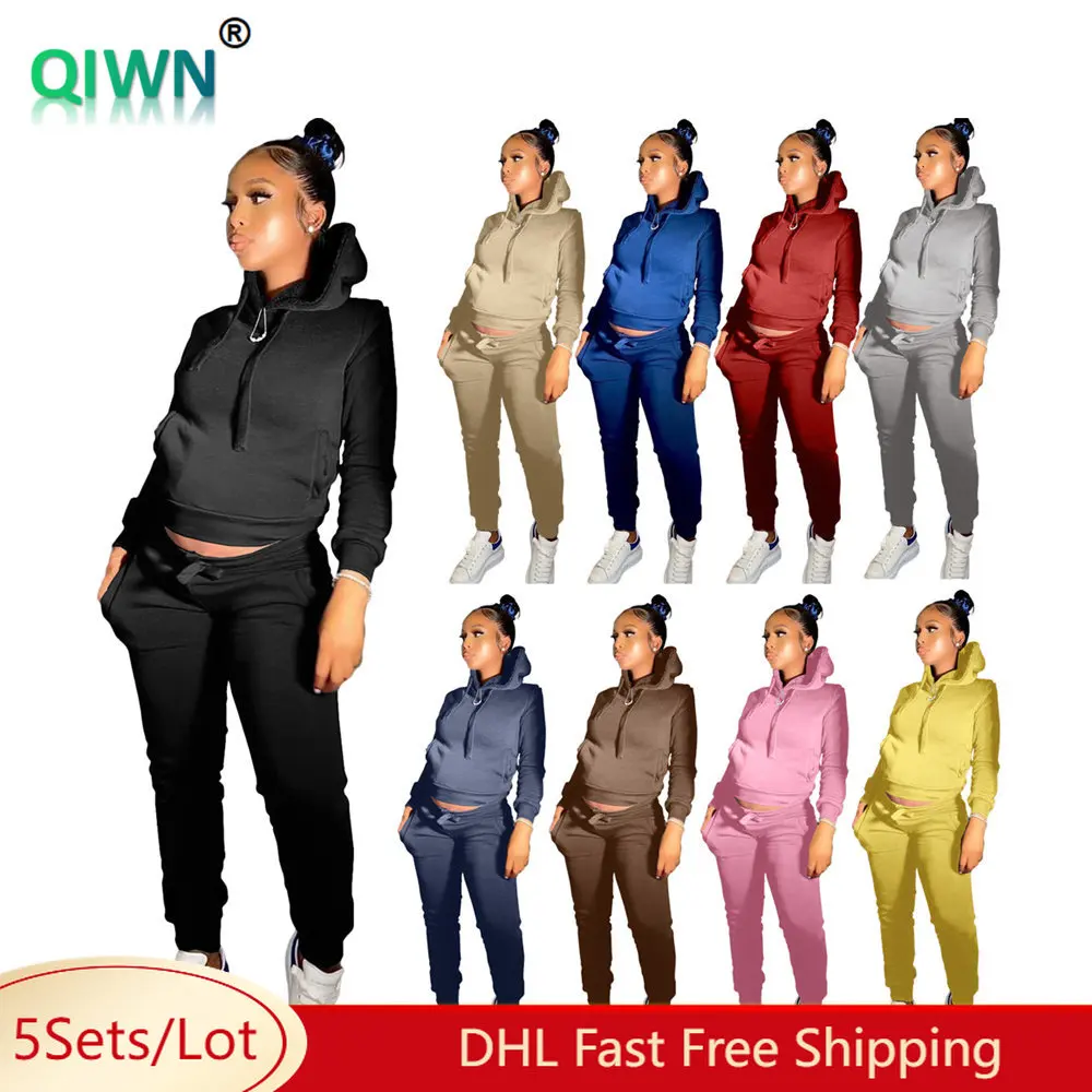 5sets Bulk Wholesale Solid Casual Two Piece Sets Women Fleece Hooded Sweatshirt + Sweatpants