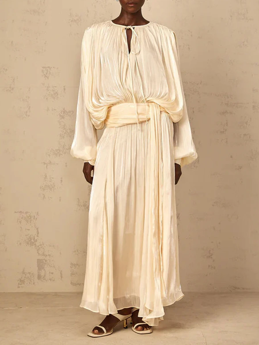 twotwinstyle solid loose spliced folds elegant dresses for women round neck long sleeves patchwork lace up dress female fashion TWOTWINSTYLE Solid Loose Spliced Folds Elegant Dresses for Women Round Neck Long Sleeves Patchwork Lace Up Dress Female Fashion 2