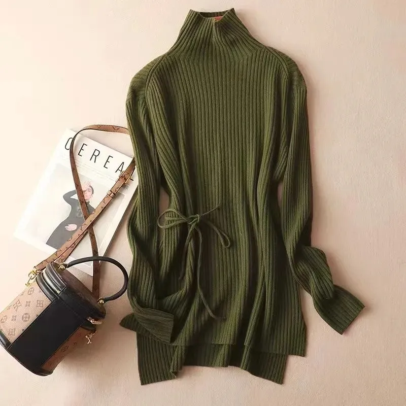 

Sweater Women's Autumn Winter New Solid Color Turtleneck Pullover Medium Long Knitted Top Loose Fashion Female Clothing ZM441