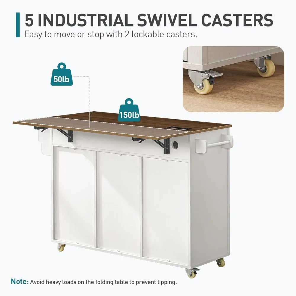 Kitchen Island with Storage, Kitchen Cart with Charging Station, Rolling Kitchen Island Table with Drop-Leaf, 3 Drawers 5
