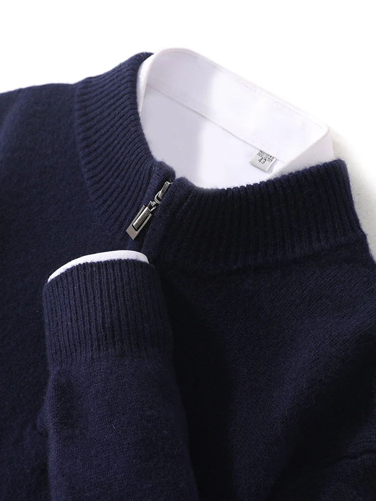 Men Mock Neck Zipper Sweaters 100% Merino Wool Pullover Casual Fashion Clothing Autumn Winter Thick Cashmere Knitwear Tops