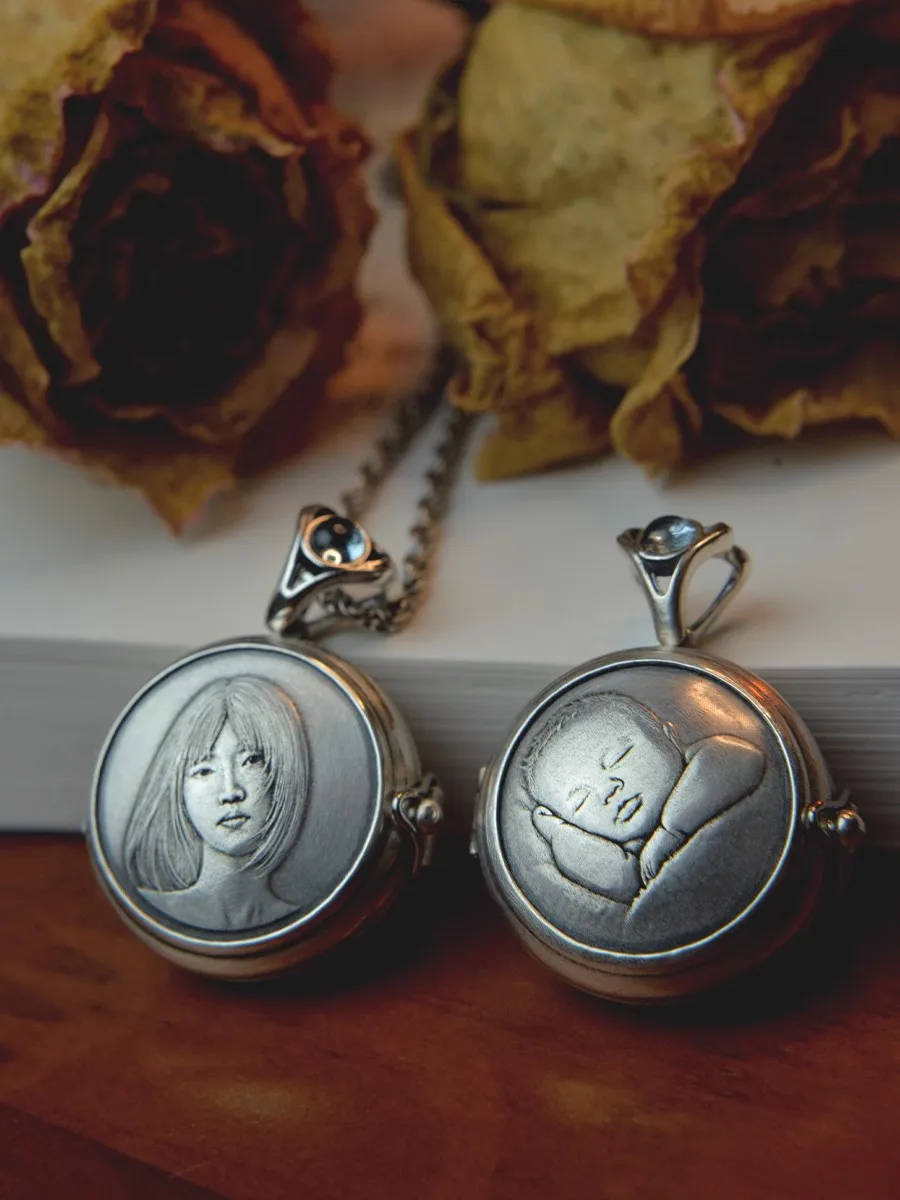 MengG Customized Photo Real S925 Protect Owner  Small Box Necklace Relief Pendant Gau Box Couple Parent-child Gift hand engrave