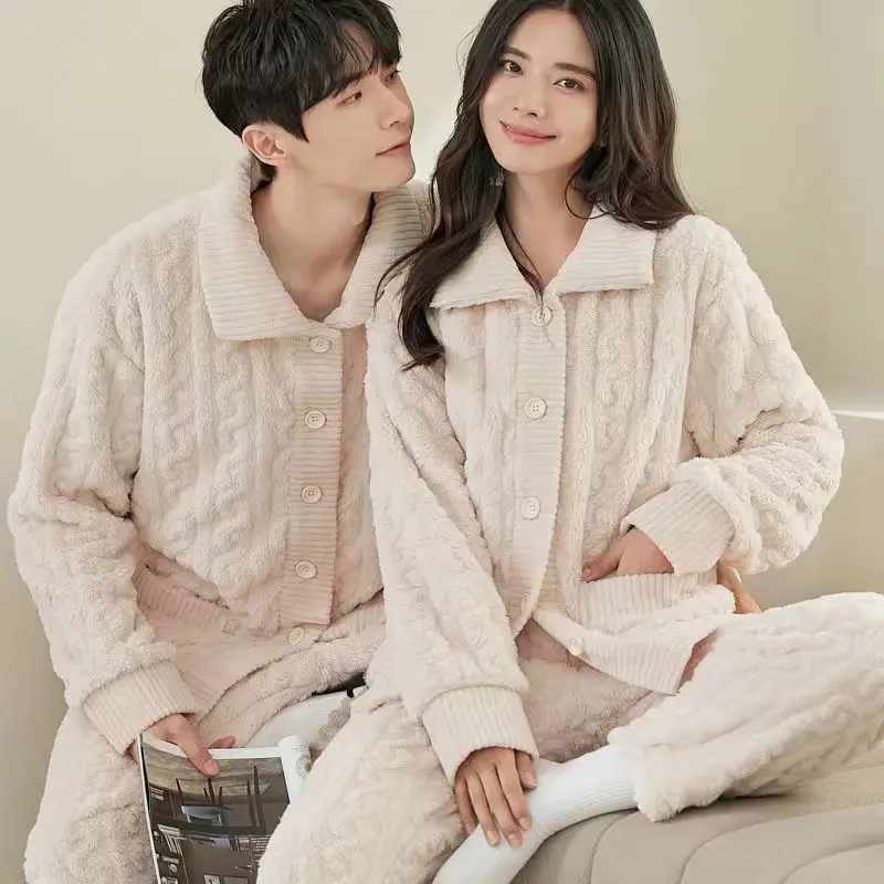 2023 New Flannel Pajamas Women's Autumn Winter Loungewear Thick Fleece Sleepwear Coral Fleece Couple Cardigan Men Homewear Set