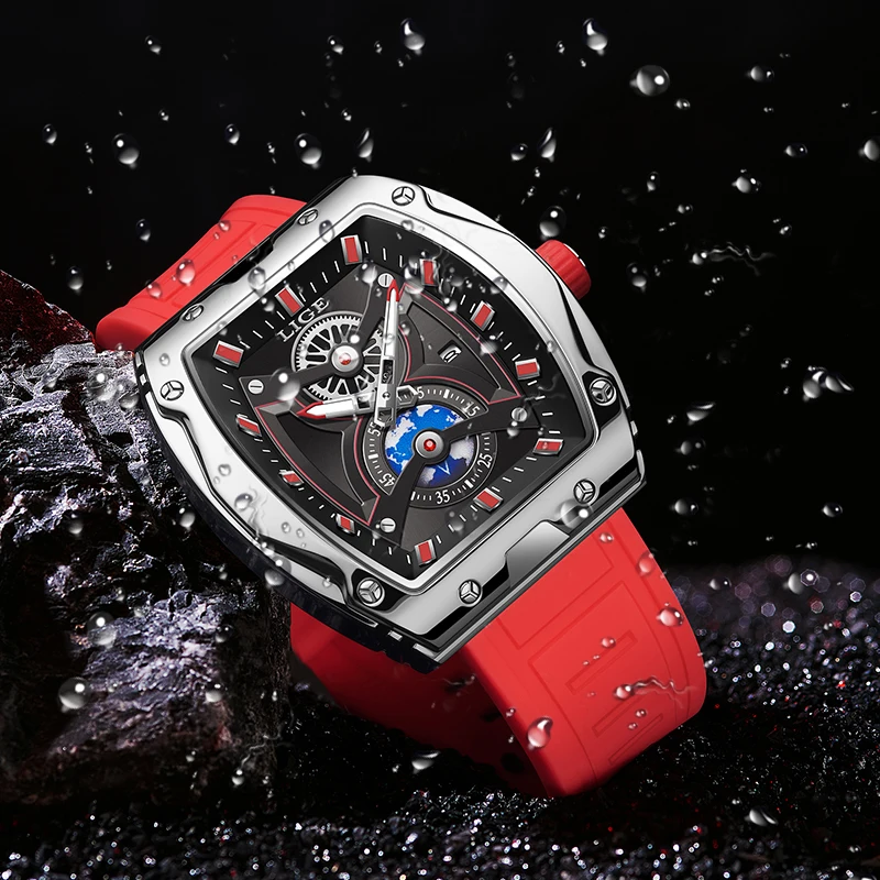 LIGE Fashion Luxury Quartz Man Watches Casual Silicone Strap Sport Square Watch for Men Military Waterproof Auto Date Wristwatch