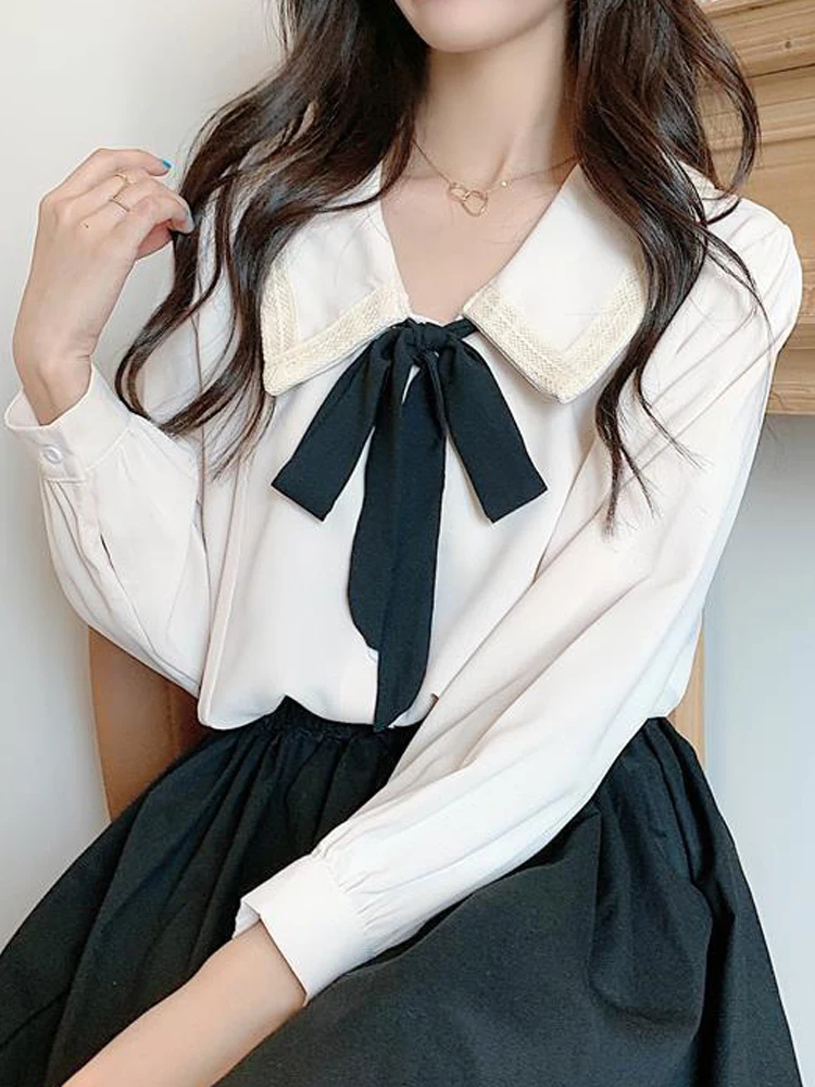 

Preppy Style Blouses Women Sweet Bow Shirts Female Spring Long Sleeve Top Ladies Jk Peter Pan Collar Blusa Mujer Cute Chic Shirt