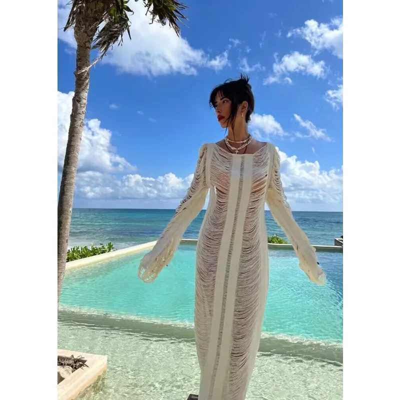 

Crochet Knitted Women Cover Ups Solid Tassel Hollow Out Long Maxi Dress 2023 Summer Holiday Beachwear Sundress Bohemian Vestidos