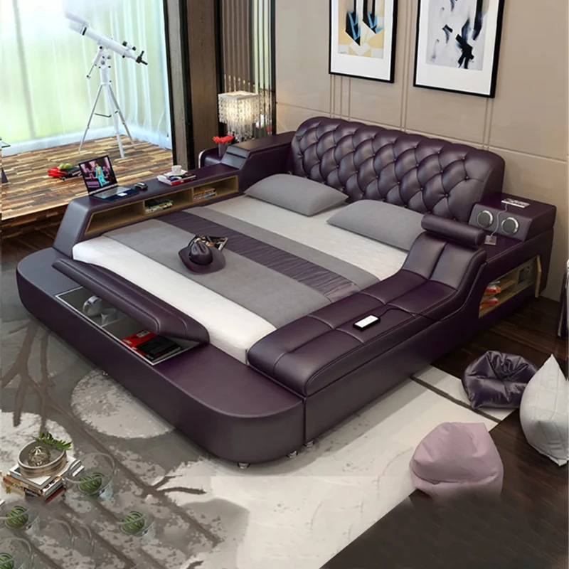 

Genuine leather bed frame Soft Beds massager storage safe speaker LED light Bedroom cama muebles de dormitorio / camas quarto