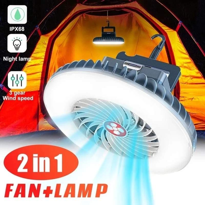 

2 In 1 LED Camping Tent Light with Phone USB Rechargeablen Fan Outdoor Emergency Lamp for Hiking Camping Market Booth Fan Light