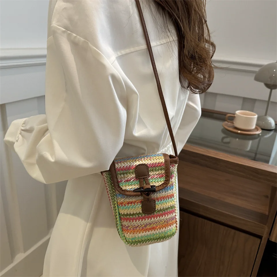 Borsa A Tracolla In Paglia Piccola Per Cellulare – Pochette Estiva Leggera Per Donne, Ideale Per Spiaggia E Passeggiate, Colore Cachi - 2