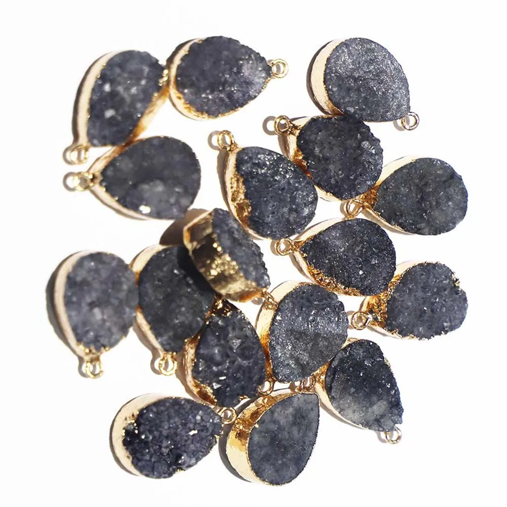 【Free Shipping】Natural Stone Black Crystal Pendants Water Drop Gilded Edge Necklace DIY Agate Jewelry Accessories 6Pcs Wholesale