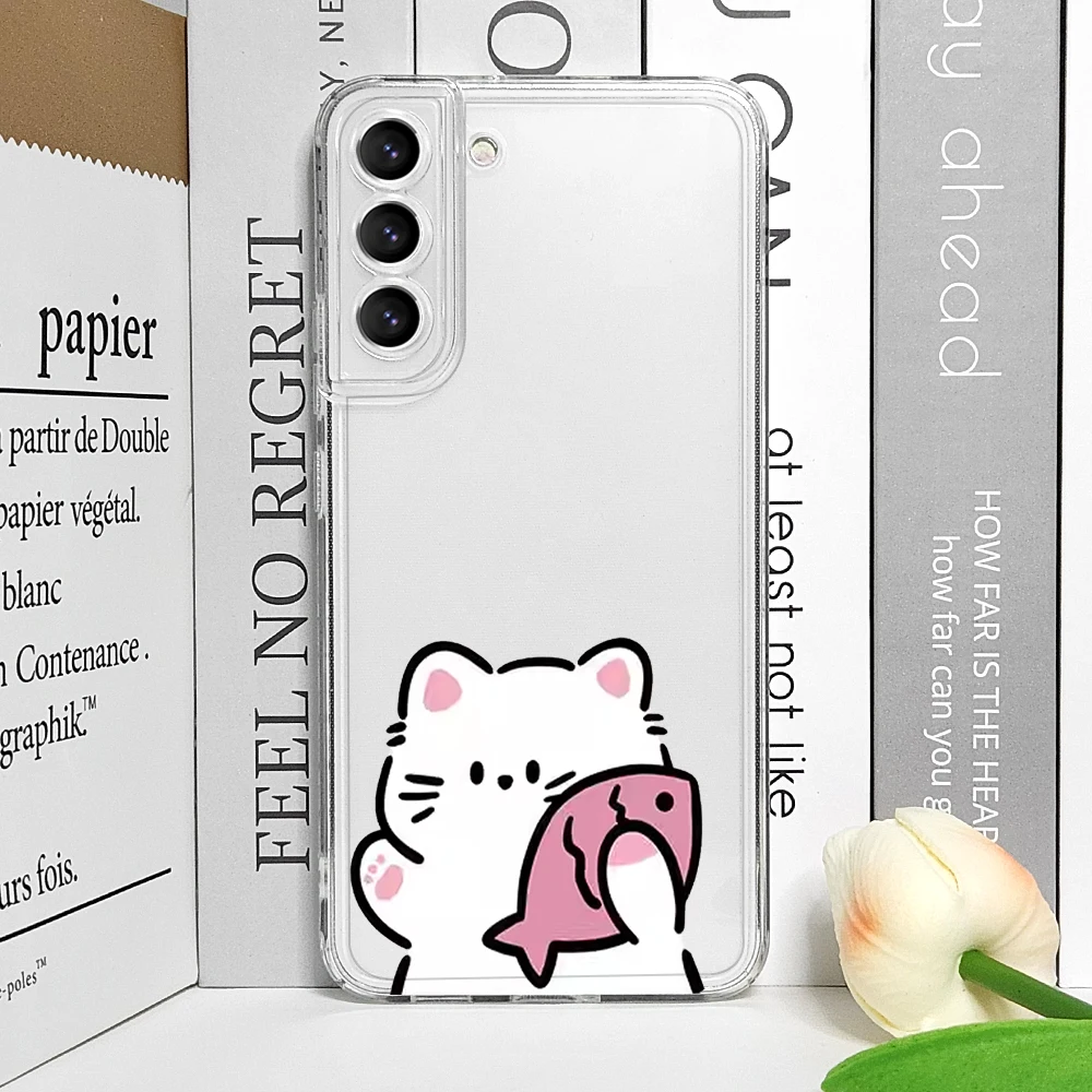 Whimsical Cartoon Cat & Fish Couple Clear Soft Phone Case