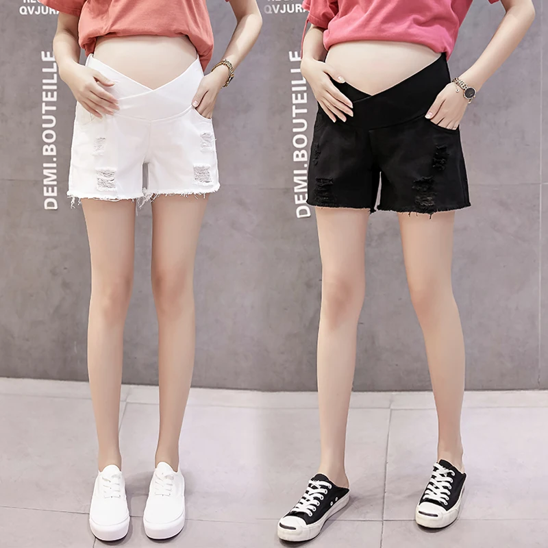 9091# Summer Casual White Denim Maternity Shorts Across V Belly Shorts Clothes for Pregnant Women Hole Hot Pregnancy Jeans pregnant shorts