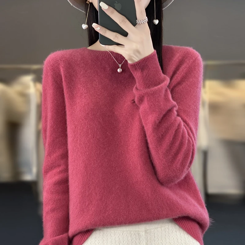 여성 가을, 겨울 신작 100% 메리노 울 솔리드 컬러 스웨터 풀오버 솔리드 컬러 오 넥 긴 소매 따뜻한 스웨터 탑