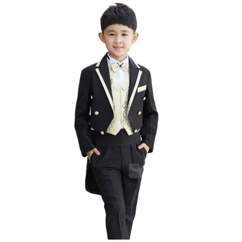 New Children Black Tuxedo Set Costume Birthday Fashion Casual Formal Boy Wedding Suits Blazers 5PCS Set F1016