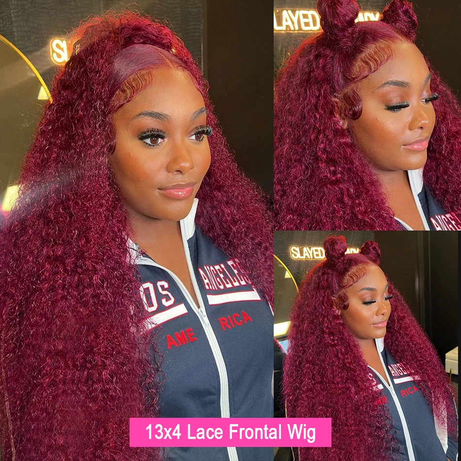 13x4 Deep Curly Lace Frontal Wig Transparent 99J Burgundy 13x6 Full Lace Front Wigs Red Colored HD Deep Wave Human Hair Wigs