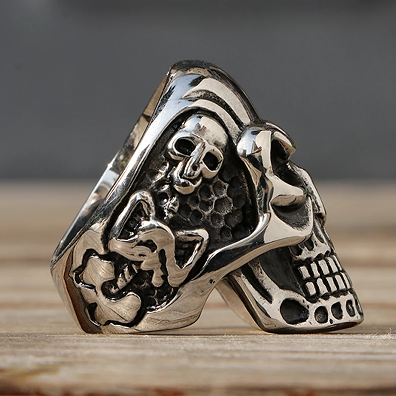 Size 7-14 Polishing Kapala Skull Ring Men Boys Stainless Steel