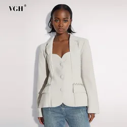 VGH Hit Color Plaid Patchwork Pockets Backless Blazer For Women Notched Collar Long Sleeve Hollow Out Slimming Coats Female New