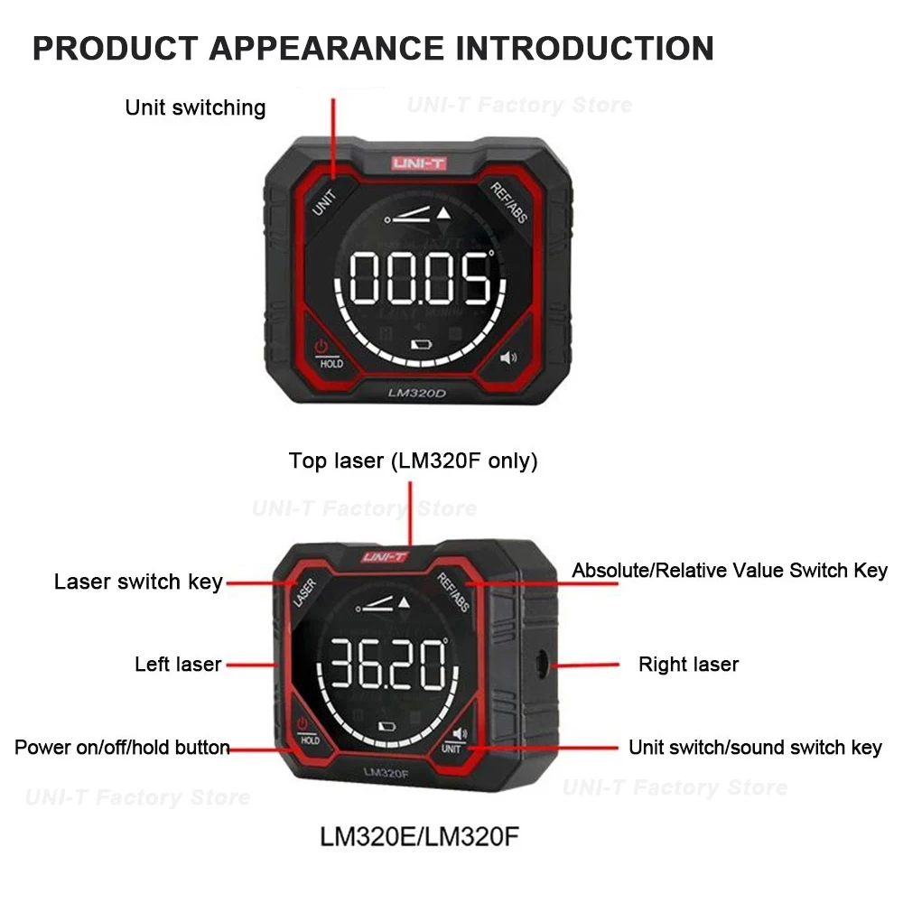 UNI-T LM320 Inclinometer Digital Angel Meter 4*90&deg; with Relative Absolute Angle Measurement % MM/M IN/FT Magnetic Inclinometer