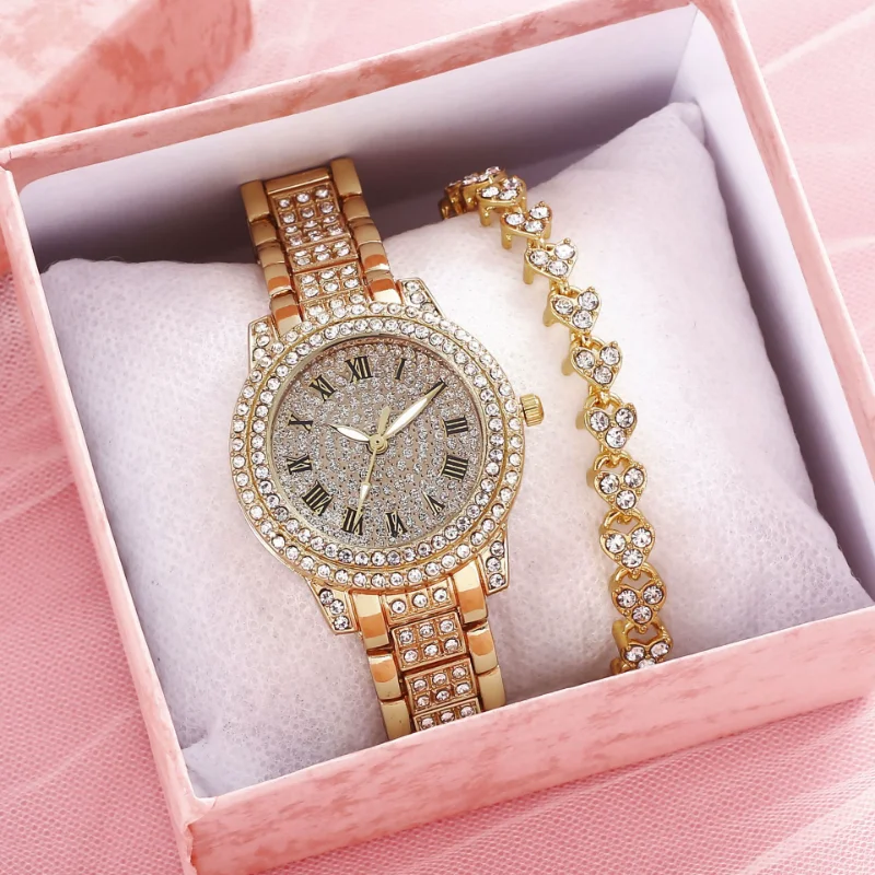 

2pcs Set Luxury Women Rose Gold Watch Fashion Ladies Quartz Diamond Wristwatch Elegant Female Bracelet Watches Gift Reloj Mujer