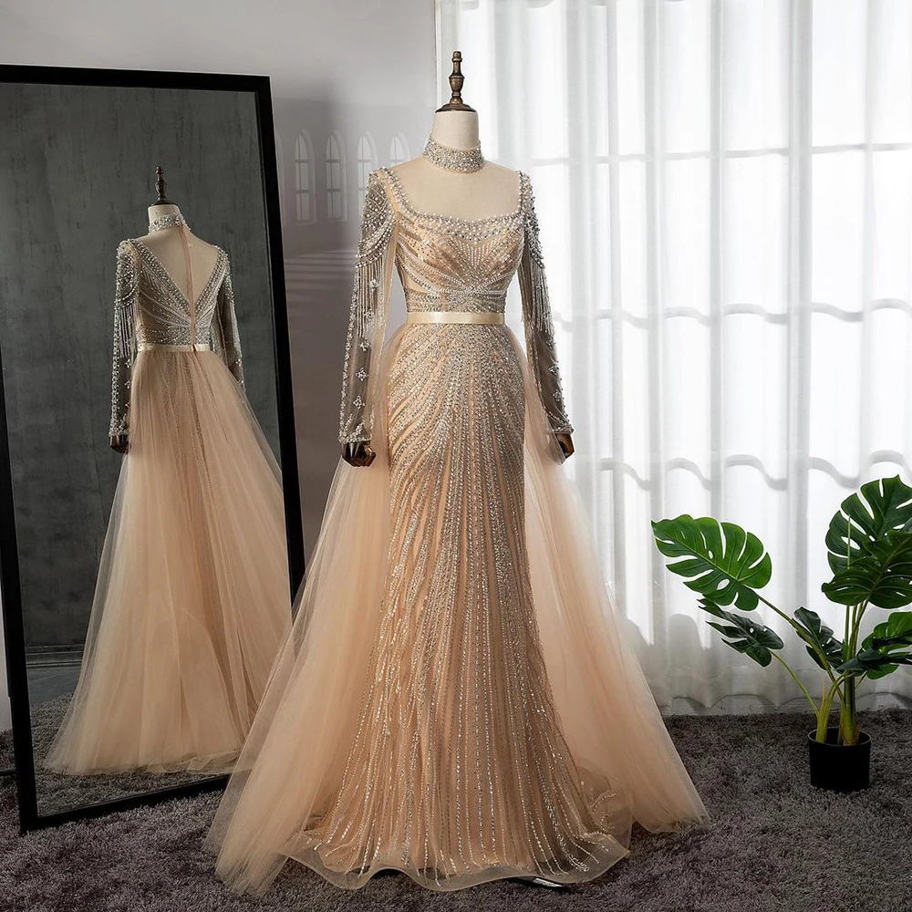 Serene Hill Nude Muslim Beaded Tassel  Mermaid Dubai Arabic Evening Dresses Gowns Luxury 2023 For Women Wedding Party LA71533