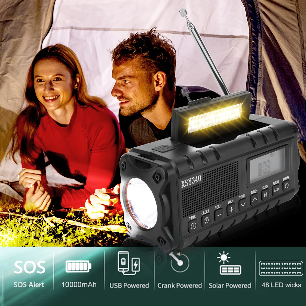 휴대용 핸드 크랭크 태양광 라디오, USB 충전 LED 손전등, 보조배터리 충전식 램프, AM FM NOAA 기상 라디오, 10000mAh