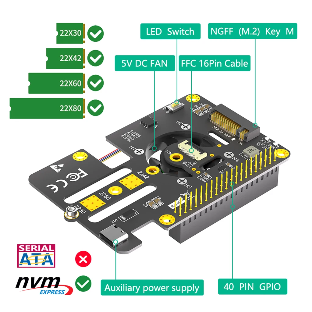 쿨러 선풍기 및 자동 변색 RGB LED, M.2 to PCIe x1 어댑터, 라즈베리 파이 5, M.2 NVMe M 키 2230 2242 SSD