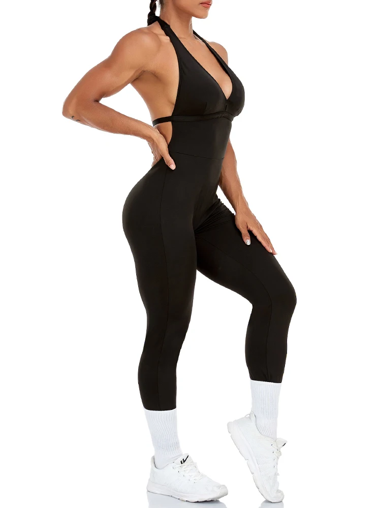 

Sexy Backless Jumpsuit Women Fashion Lace Up Bodysuits Quick Dry Yoga Fitness Workout Clothes Female Black One Piece Womenswear