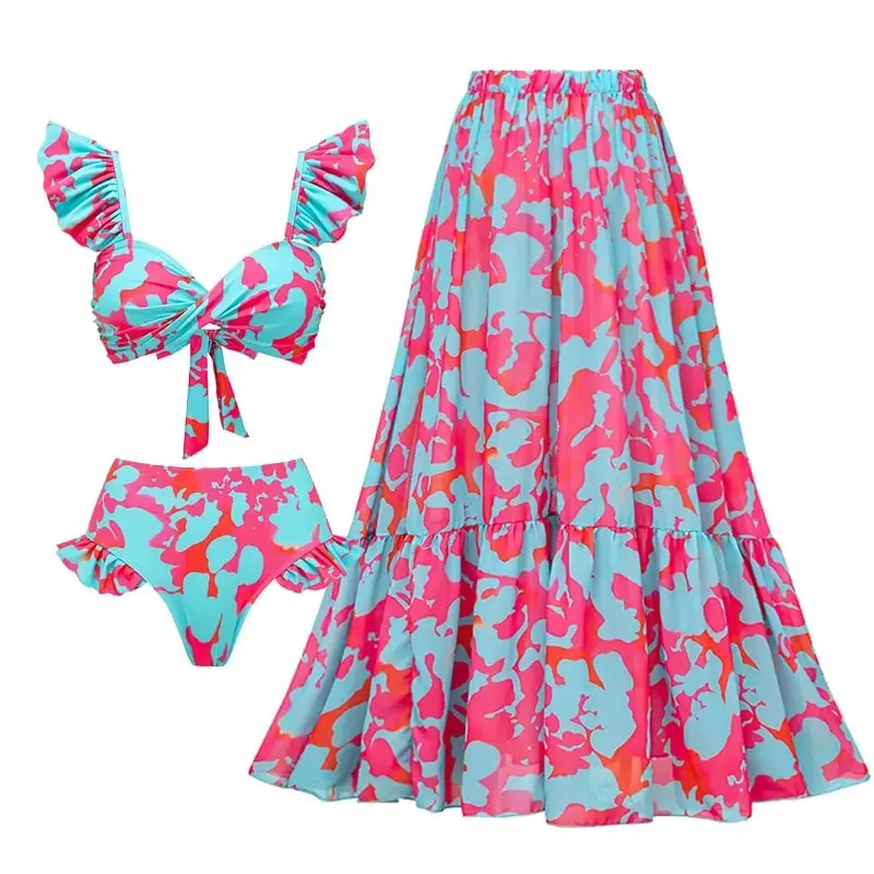 Women  bikini set two pieces Floral Print   Beachwear Bathing Suit Swimwear Swimsuit and Skirt