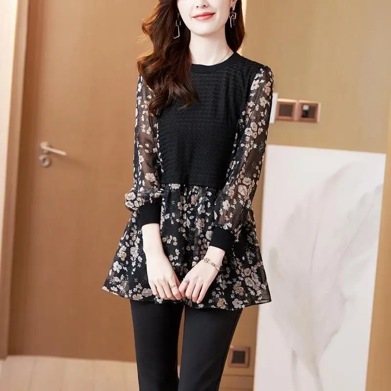 Floral Chiffon Blouse Spring/summer New Loose Slimming T-shirt Long Sleeve O Neck Bottoming Shirt Top S-4XL