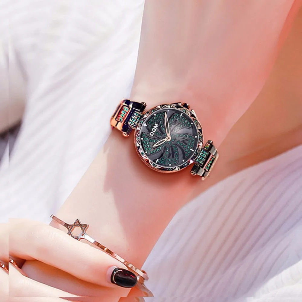 DOM Luxury Fashion Lady Watch Stainless Steel Dress Women Bling Rhinestone Watch Quartz Wrist Watches Ladies Gift G-1258BK-1MF