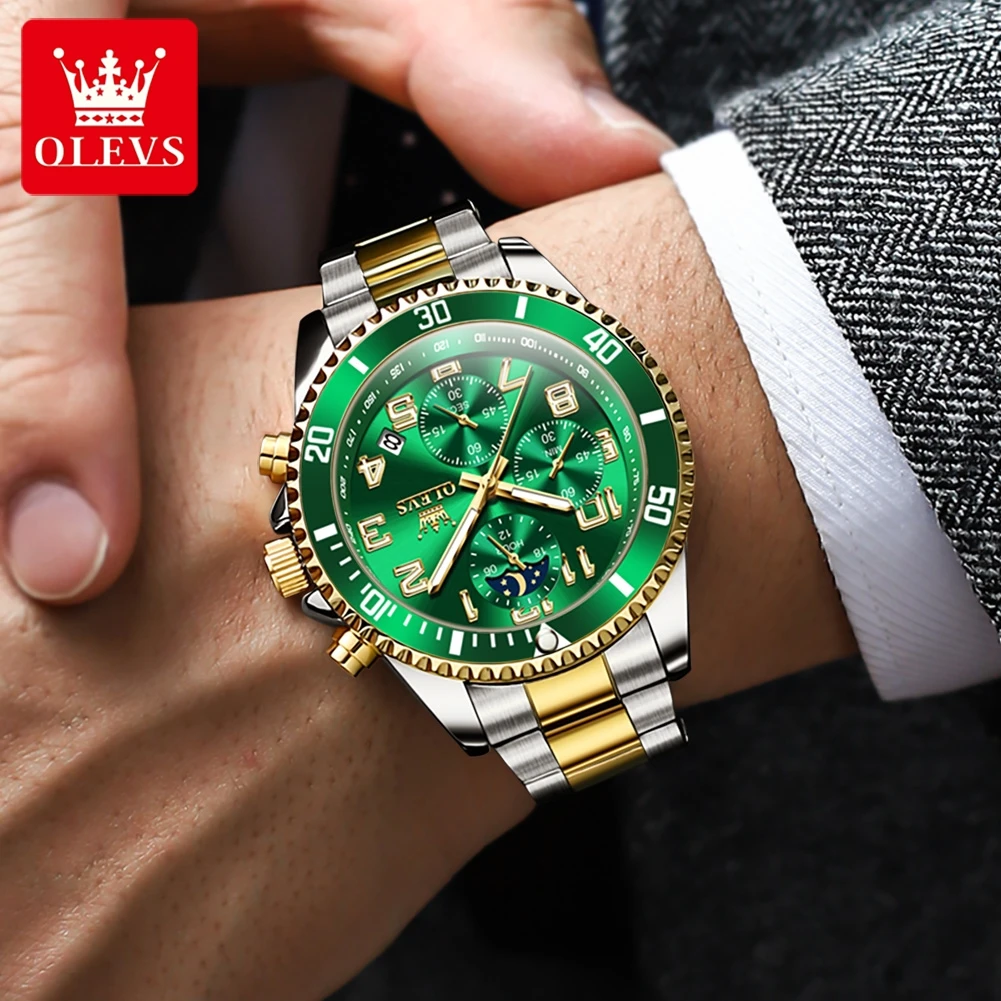 OLEVS 2926 Watch For Men Number Scale Moon Phase Date Quartz Man Watch 43mm Big Dial Chronograph Waterproof Fashion Wristwatch