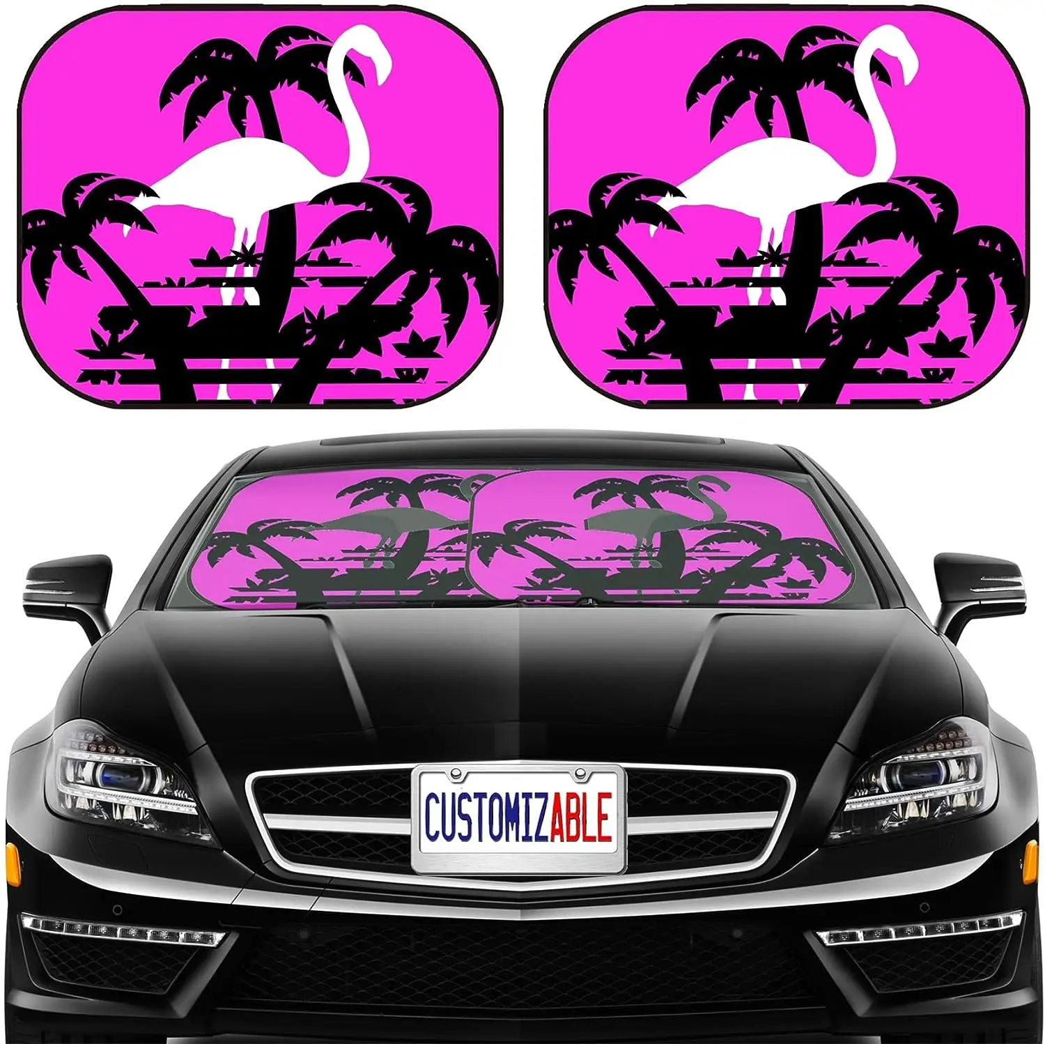 

Flamingo Hawaii Style Purple Pink Car Sun Shade Windshield Sunshade Universal Fit 2 Pack UV and Heat Protect Car Sun Shade