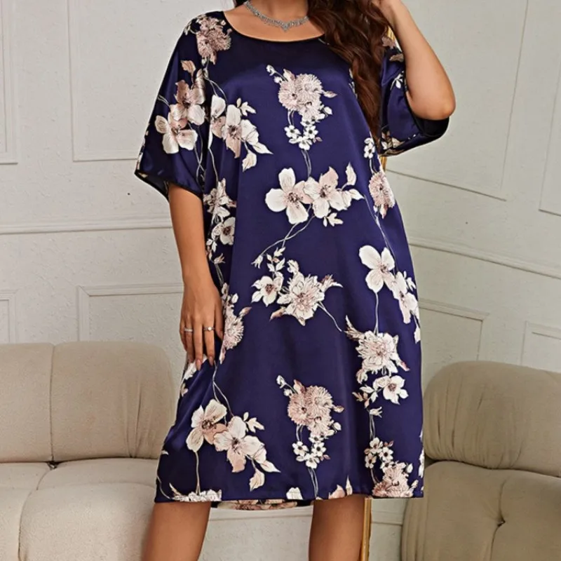 Summer Thin Pajamas Round Neck Half Sleeved Dress Female Plus Size Leisure Wear Imitation Silk Nightgown Women's Home Clothes