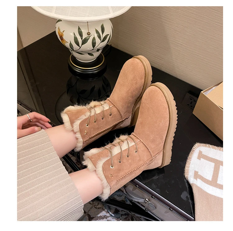 

Women Snow Boots Lace-up Ankle Booties Anti Slip Round Toe Shoes Outdoor Suede Flat Shoes Thick-soled Zapatos Para Mujeres Botas