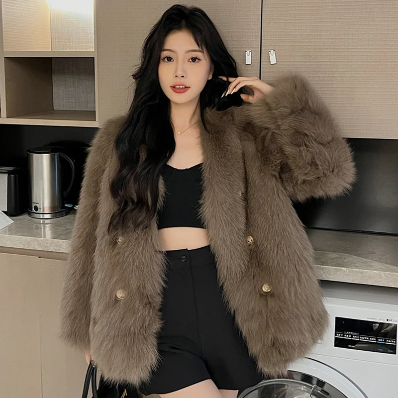 Women Imitation Fox Fur Coat 2024 Korean Fashion Button Patchwork Midi-Length Outwear All-Match Loose Plush Winter Jacket S-L