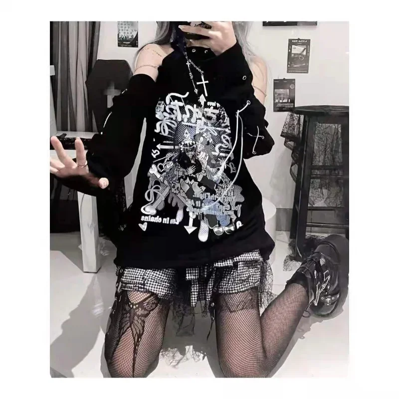 T-shirt Anime A Maniche Lunghe Donna Patchwork Kawaii Harajuku - Finto Due Pezzi Gotico, Nero, S