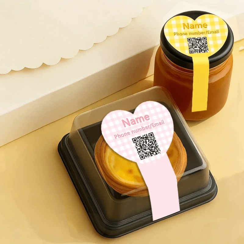 맞춤형 노란색/분홍색 체크무늬 장식 스티커 - 인쇄 가능한 QR 코드/로고/텍스트, 쿠키 봉투, 빵 상자, 사탕 병 포장용