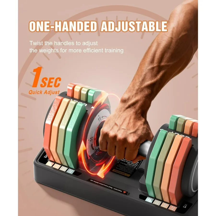 Adjustable Dumbbells Set/Single, 55LB 5 in 1 Free Adjustable Dumbbell Set with Anti-Slip Handle & Rainbow-colored Weight Plates
