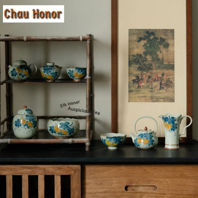 Hand-painted Pumpkin Travel Tea Set Kit Luxury 1 Pot 1 Cups Tea Maker Organizer Portable Picnic Stock Bags Teaware Supplies Gift