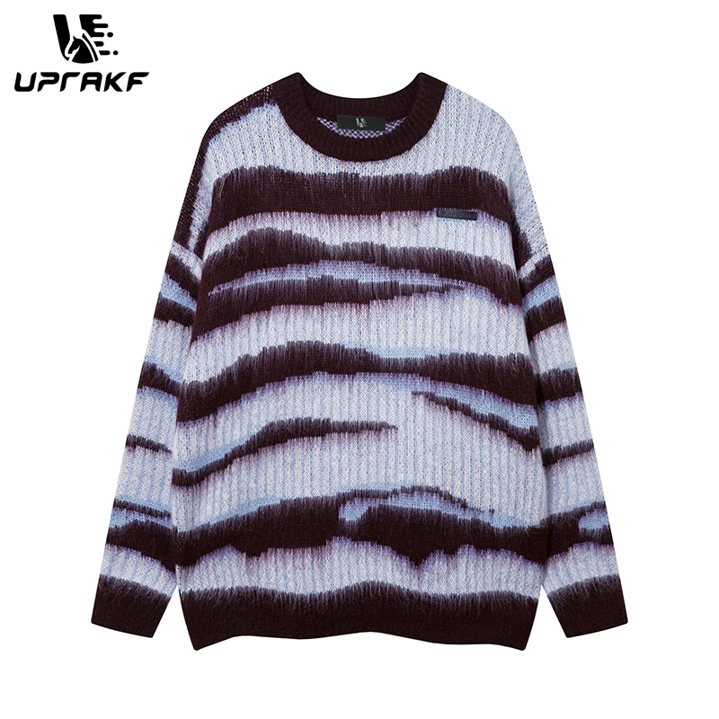 UPRAKF Striped Mohair Sweater O-neck Pullover Knit Vintage Oversize Long Sleeve Contrast Color High Street Tops Fashion Casual