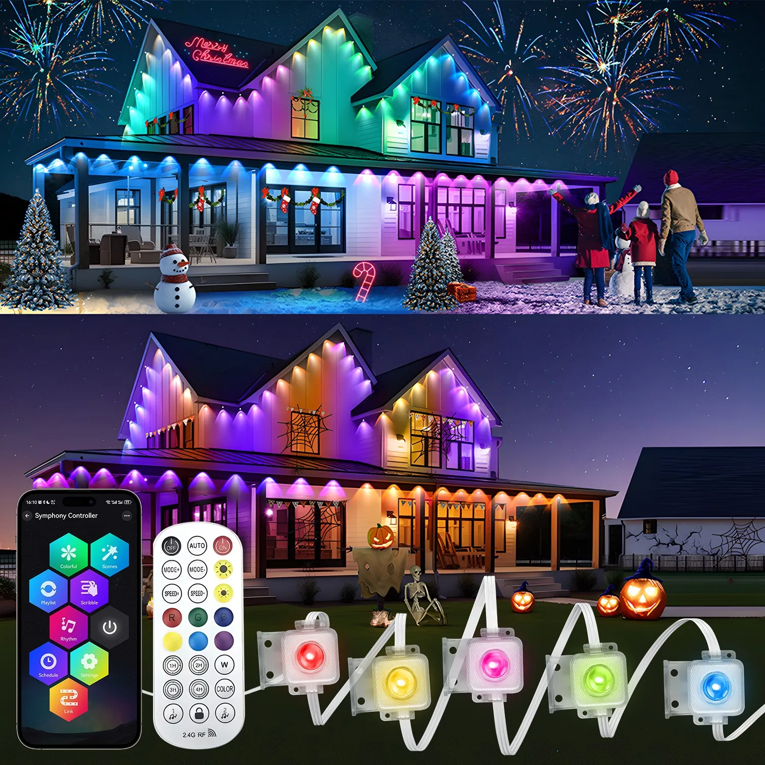 Lumières LED intelligentes en continu pour la décoration de Noël, lumières avant-toit, application, télécommande, maison complète, éclairage clignotant, RGBIC, 20m
