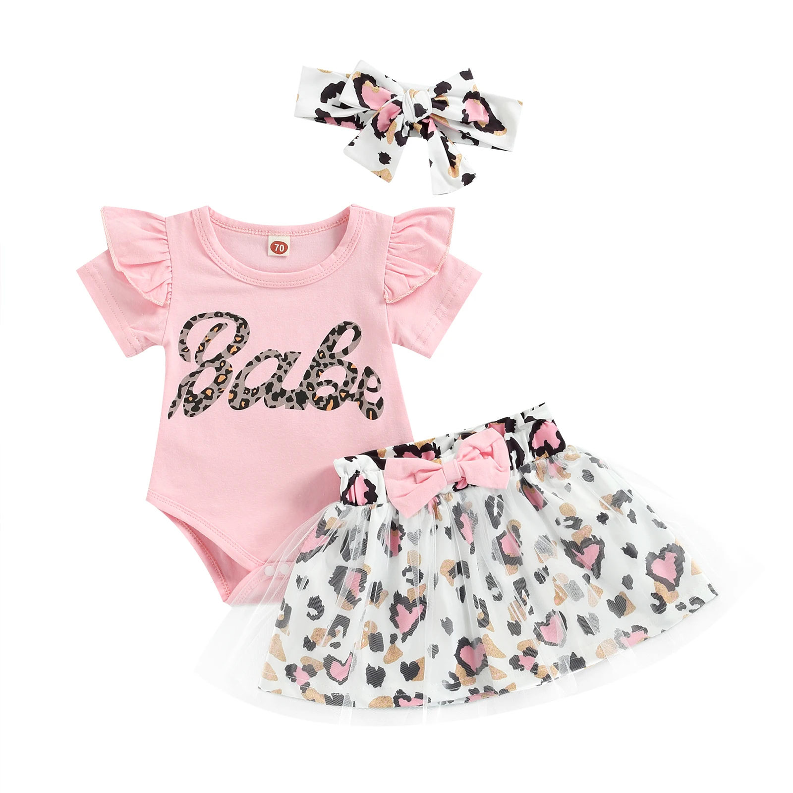 FOCUSNORM 3pcs Baby Girls Sweet Clothes Sets 0-18M Leopard Babe Letter Printed Fly Sleeve Romper+Lace Mesh Bow Skirts stylish baby clothing set Baby Clothing Set