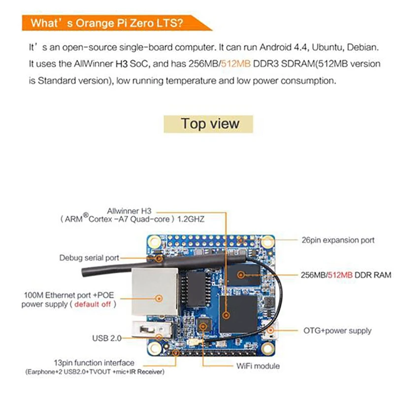 Orange Pi Zero LTS Allwinner H3 Ĩ 4 ھ Cortex-A7 512MB DDR3 ޸ ǻ   α׷ MCU