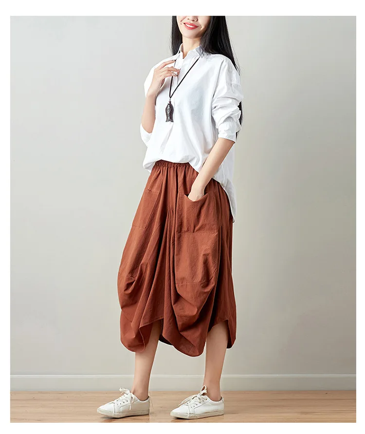 brown skirt 2022 Spring and Summer Ethnic Style Cotton and Linen Lantern Skirt Literary Cotton and Linen Loose Ladies One Size Long Skirt black pleated skirt