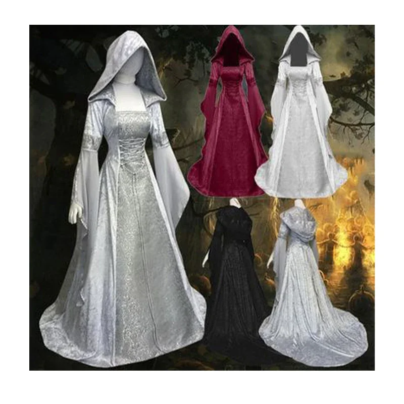 

Платье макси со шлейфом средневековой эпохи Женский, костюм дьявола, языческой ведьмы на Хэллоуин, Свадебный костюм с капюшоном, халат, костюм для косплея