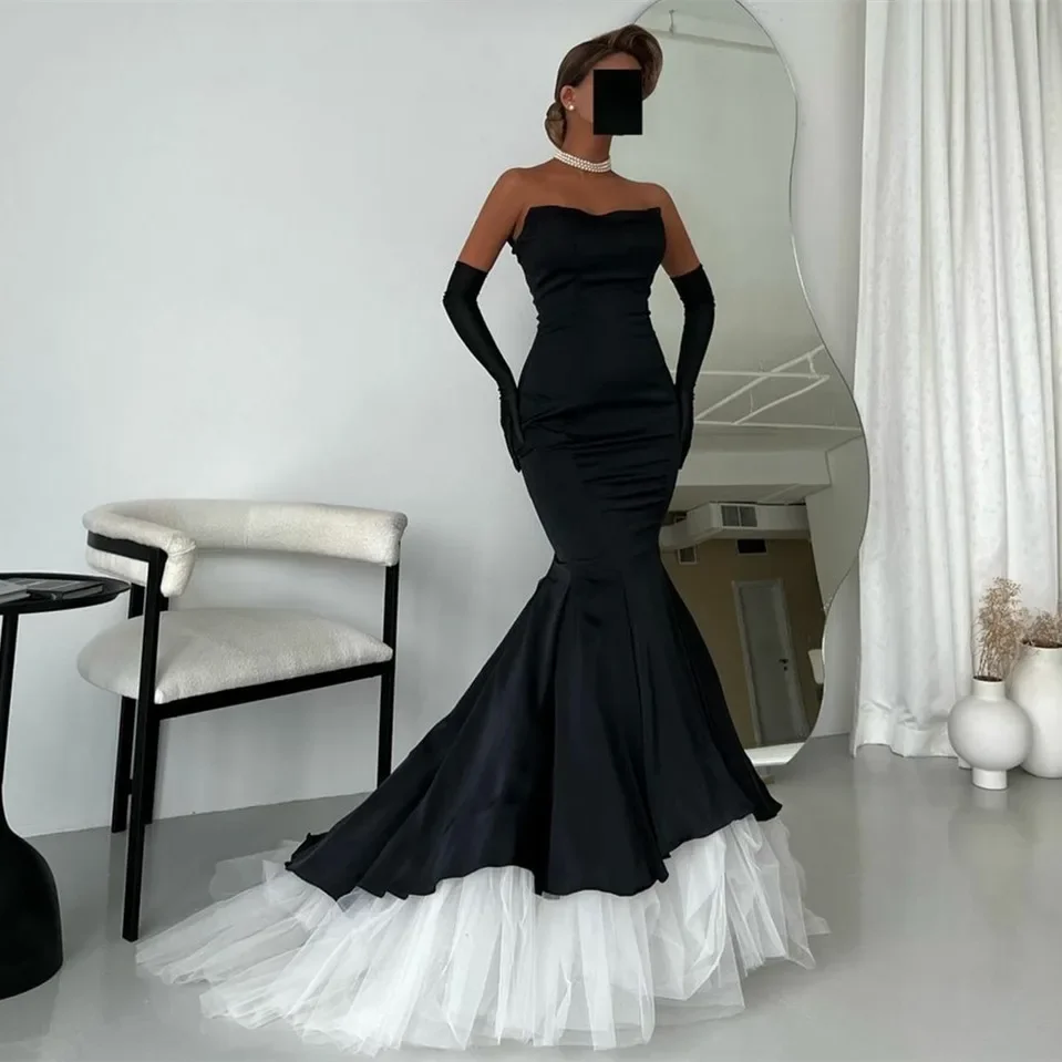 LZPOVE Sexy Strapless Black Satin Mermaid Evening Dresses With Gloves Tulle Pleated Sweep Train Formal Party Dress for Women
