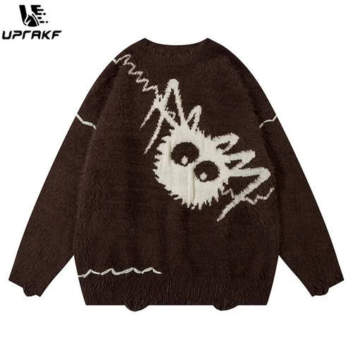 

UPRAKF Spider Pattern Sweater Autumn Crew Neck Baggy High Street Casual Fashion Streetwear Warm Basic Pullover