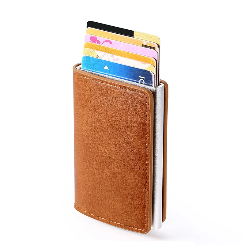 RFID Blocking Credit Card Holder Stainless Steel NFC Anti Scan Business Wallet Genuine PU Leather Purse Money Bag For Men Women