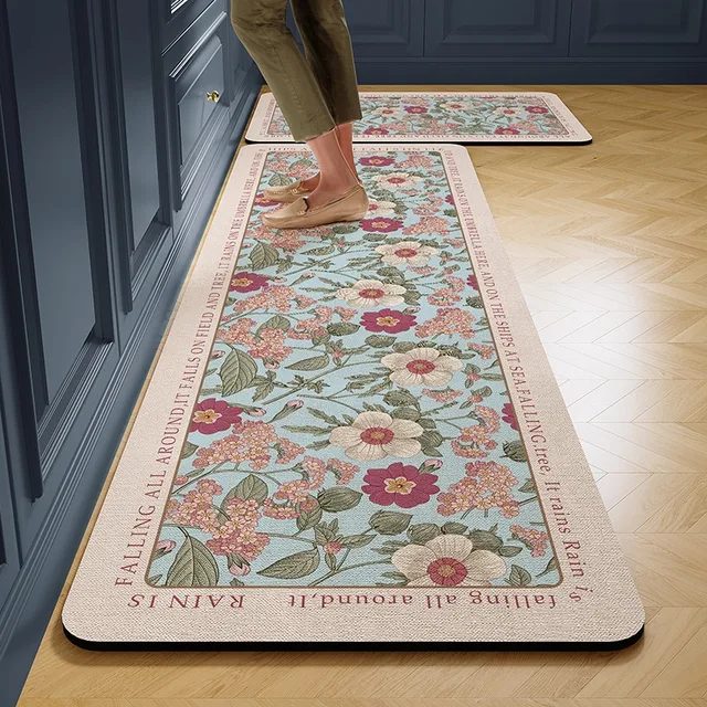 Tapis en cuir PVC pour sol de cuisine, tapis imperméables, tapis de pied non ald, long lea, résistant à l'huile, fleur de printemps, décoration de la maison, polymères 1