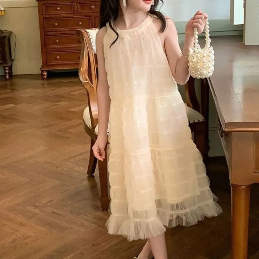 Elegant Loose Girls Princess Dress Children Beach Vacation Summer Mesh Dress Party Sweet Teens Long Dress Party